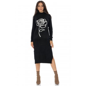 Casual knitted midi dress with a contrasting rose design  Black  DR4797