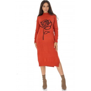  Casual knitted midi dress with a contrasting rose design Orange DR4800