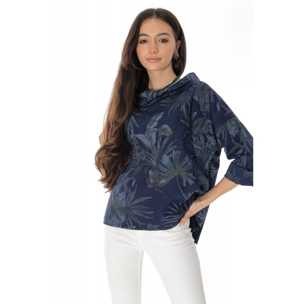 Chic oversized cotton top Aimelia Br2757, in Navy,with a floral print