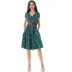 Cotton midi dress Aimelia Dr4454 in Green with a contrasting red belt.
