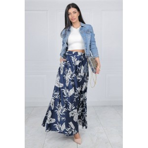 Maxi skirt in printed satin with pockets FR552