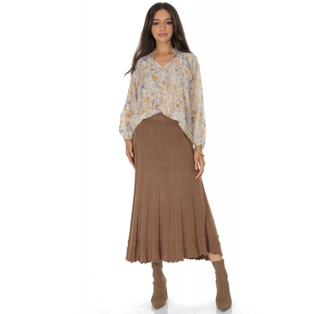 Knitted midi skirt with a frilled hem Camel  FR566