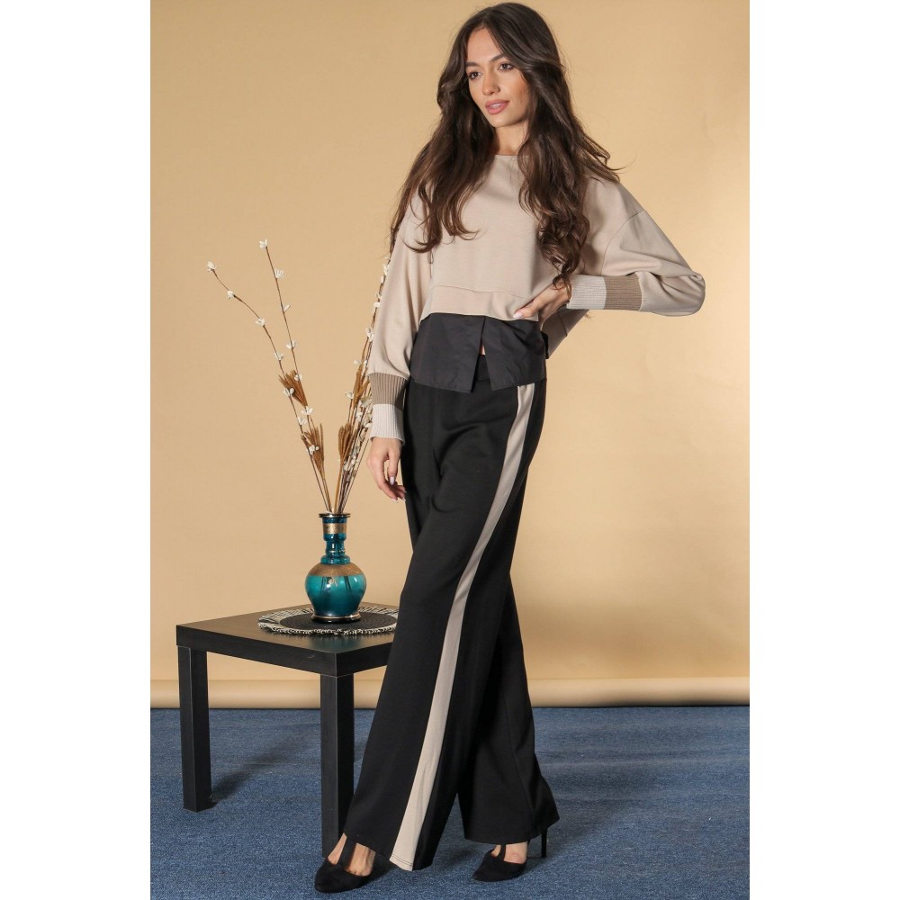 Wide legged casual trousers with a contrasting stripe , Black, Aimelia TR496