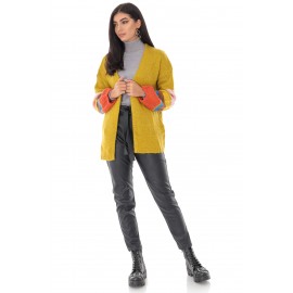 Ladies oversize cardigan - AIMELIA - contrasting stripe sleeves, mustard, BR2348