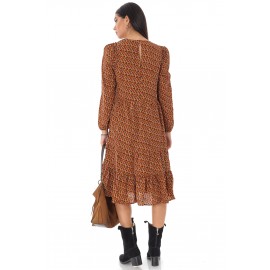 Ladies Tiered midi Dress - AIMELIA - micro print, multi brown, DR4230