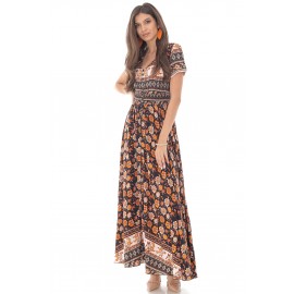 Retro printed maxi dress,Aimelia Dr4314,in Black and orange,with a button down front.