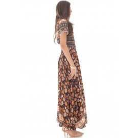 Retro printed maxi dress,Aimelia Dr4314,in Black and orange,with a button down front.