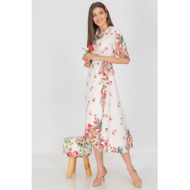 Floral wrapover dress, Aimelia DR4301,in White,with a border print