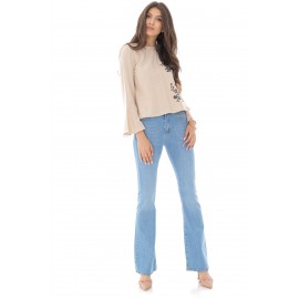 Flared denim jeans,Aimelia Tr436,in light Blue, with a high waist.