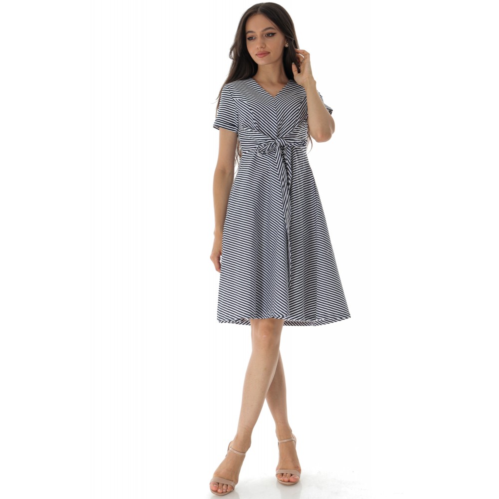 STRIPED TIE FRONT SKATER DRESS IN NAVY - AIMELIA - DR4575