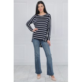 Striped top with a rounded hem in Navy Blue , BR2859