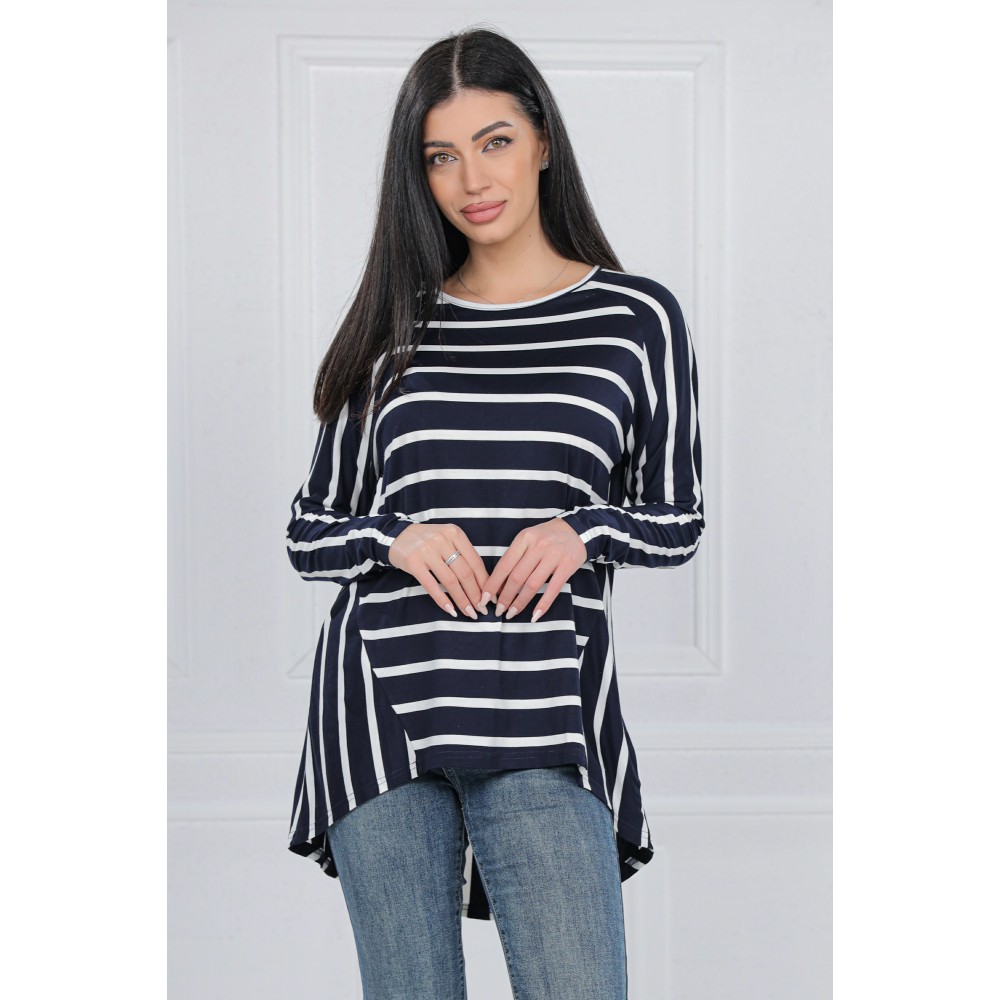 Striped top with a rounded hem in Navy Blue , BR2859