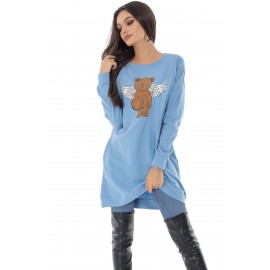 A casual T-shirt style dress, Aimelia Dr4367 in blue, with a teddy bear print.