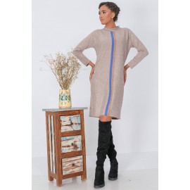A fine knitted midi,Aimelia Dr4340 , in Camel, with a contrasting stripe detail.