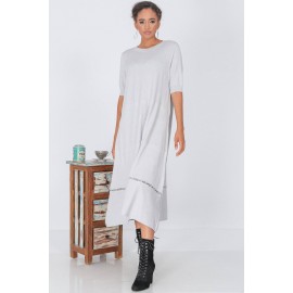 A-line Midi Dress,Aimelia Dr4328 in Grey with a crochet detail at the hemline.