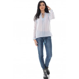 Casual cotton top with contrasting blue embroidery - Aimelia - BR2391