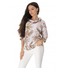 Chic oversized cotton top Aimelia Br2759 in White, with a floral print