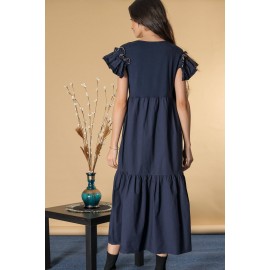 Cotton maxi dress with frilled sleeves, Navy Blue, Aimelia DR4635