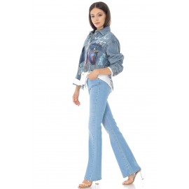 Denim jacket Aimelia J563, in Denim Blue, with a paint detail on the back.