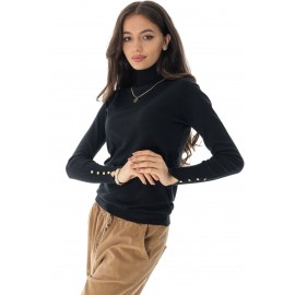Elegant fine polo neck jumper with gold buttons, Black, Aimelia BR2671