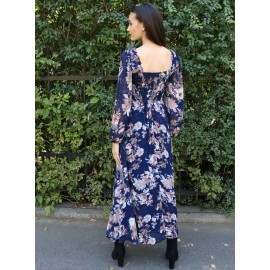 Floral maxi dress Aimelia Dr4464 in Navy with a front slit.