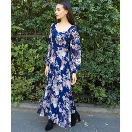 Floral maxi dress Aimelia Dr4464 in Navy with a front slit.