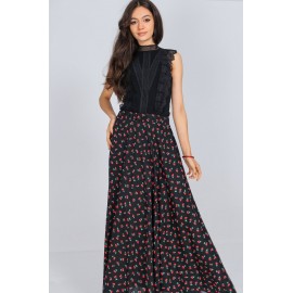 Full circle cherry printed maxi skirt Aimelia FR538 Black with pockets