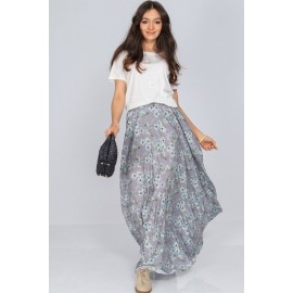 Full circle floral printed maxi skirt Aimelia FR537 Grey with pockets