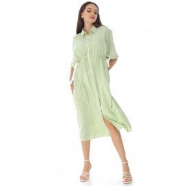 Oversized shirt dress, Aimelia Dr4432, in Green/White with waist ties.