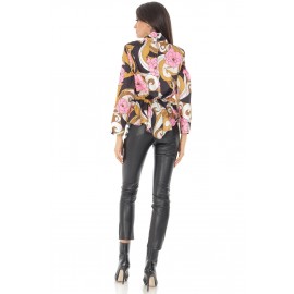 Printed satin top Aimelia BR2570 Cream/Pink with a high neck
