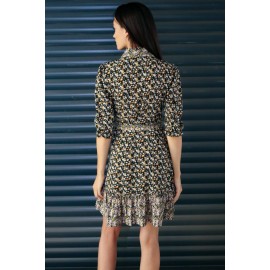 Short printed dress Aimelia Dr4463 in Black with a frilled hem.