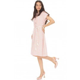 Striped midi dress Aimelia Dr4661 in Pale pink with a belt and pockets.