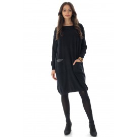 Stylish oversized knitted embellished dress , Black , Aimelia DR4631